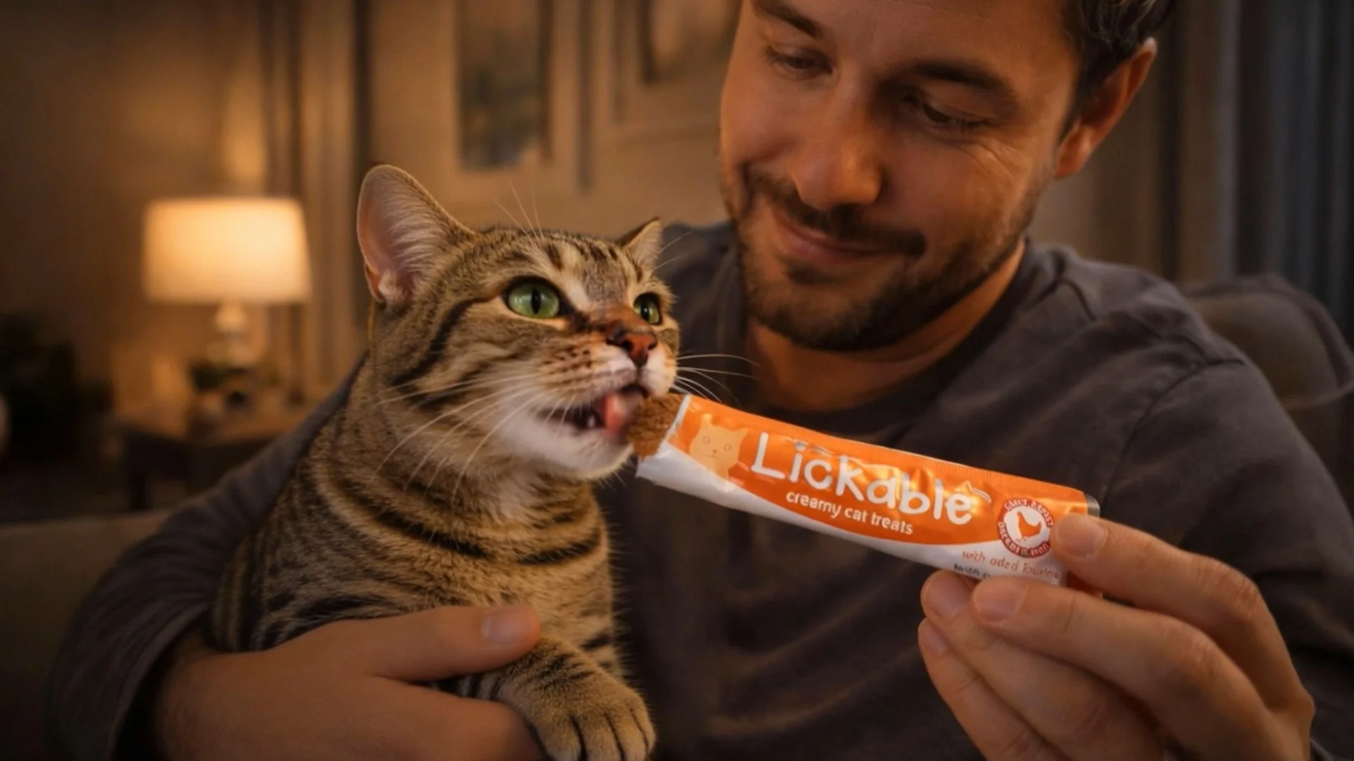 Man feeding a tabby cat a Lickable creamy cat treat tube in a warm living room