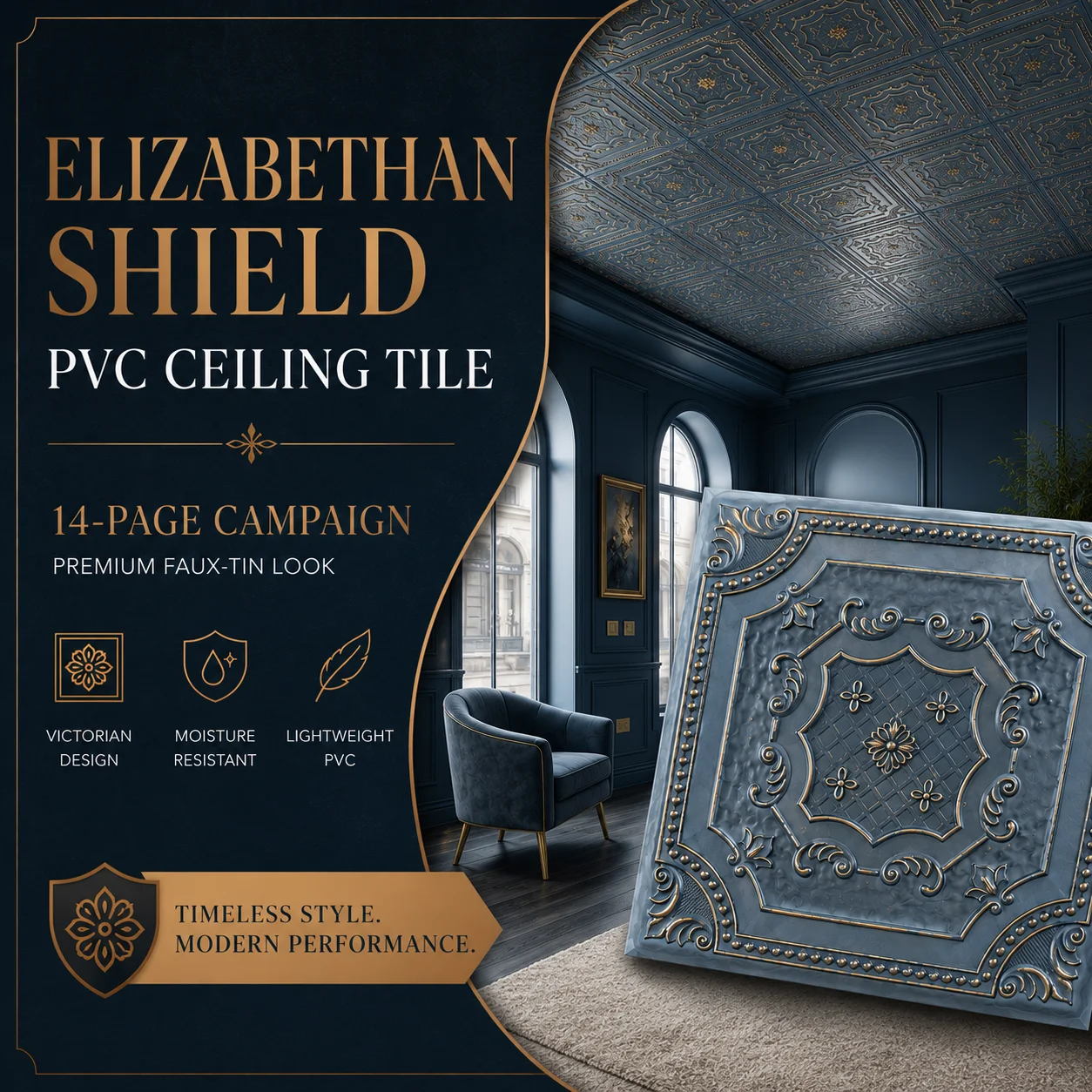 Elizabethan Shield PVC ceiling tile listing design cover in a blue Victorian room