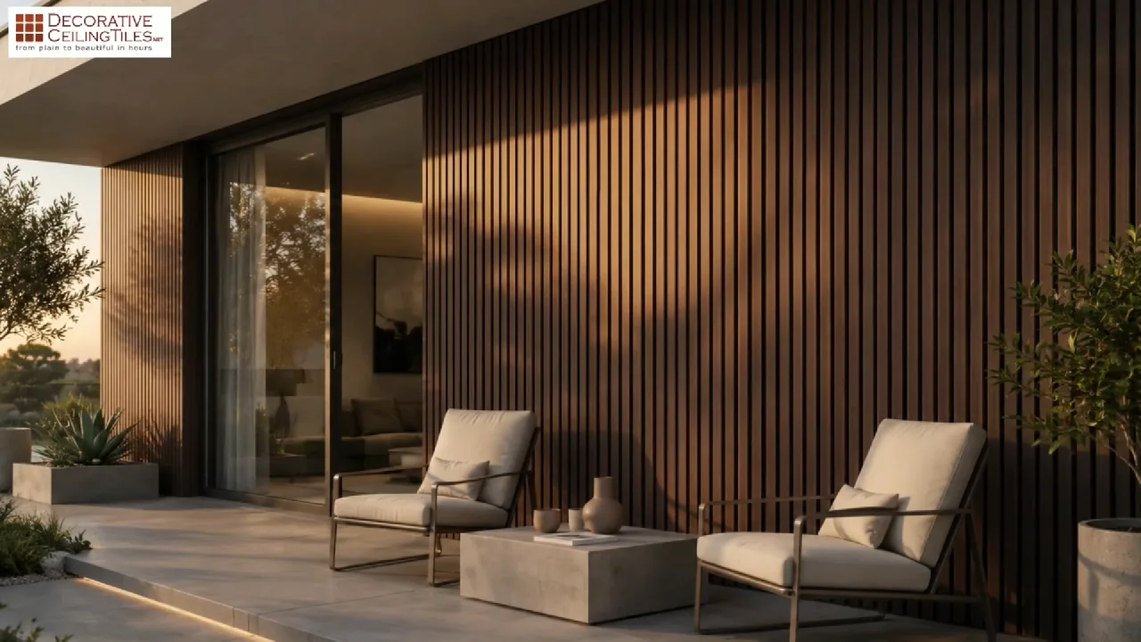 Modern patio with black WPC slat wall cladding at dusk in an architectural product video