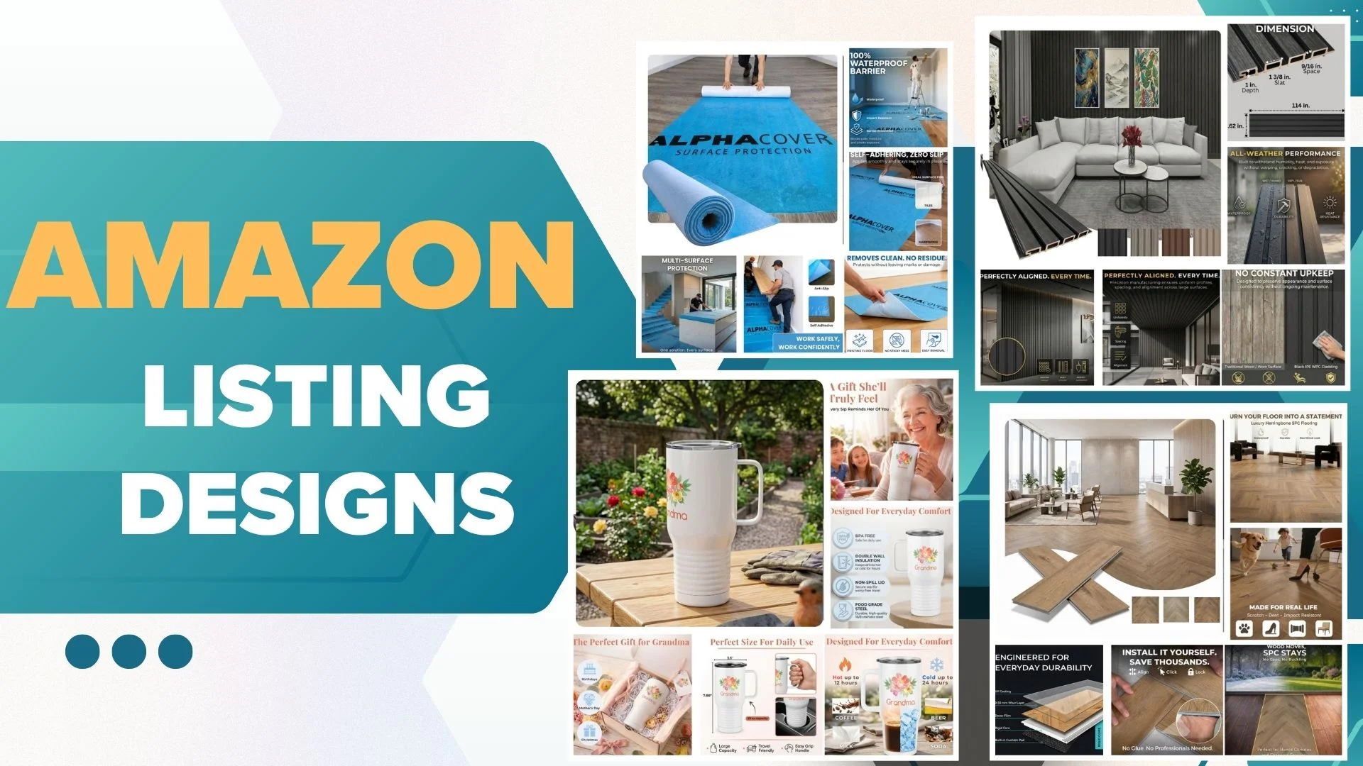 Amazon listing design collection cover with drinkware, flooring and wall panel images