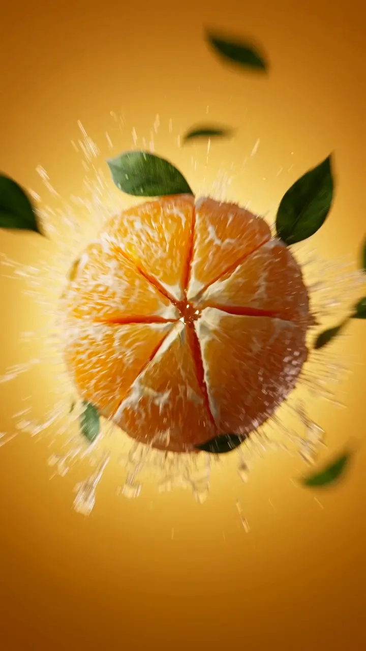Orange bursting with juice splash and mint leaves in a citrus motion graphic