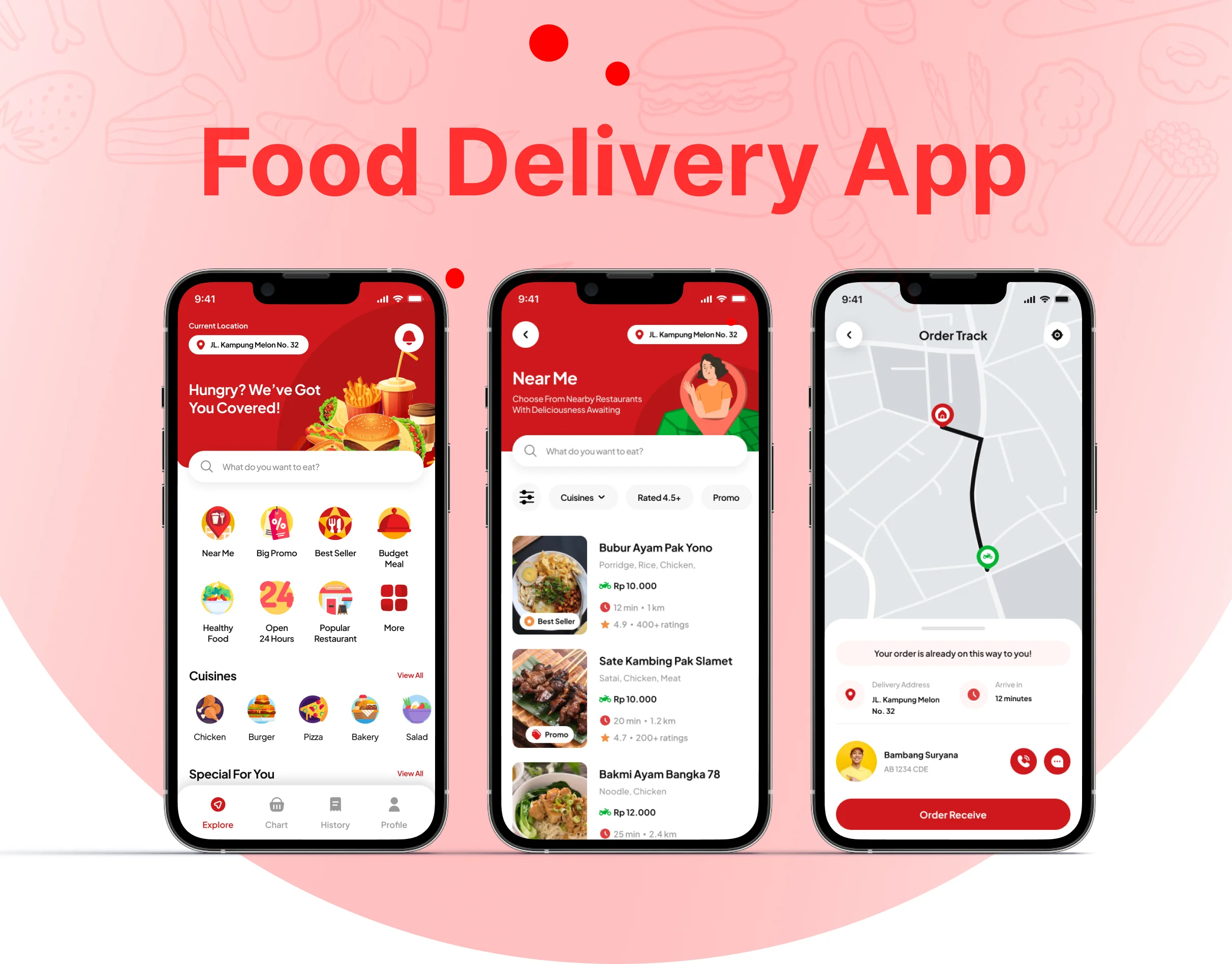 Food delivery app UI design case study cover with three mobile app screens