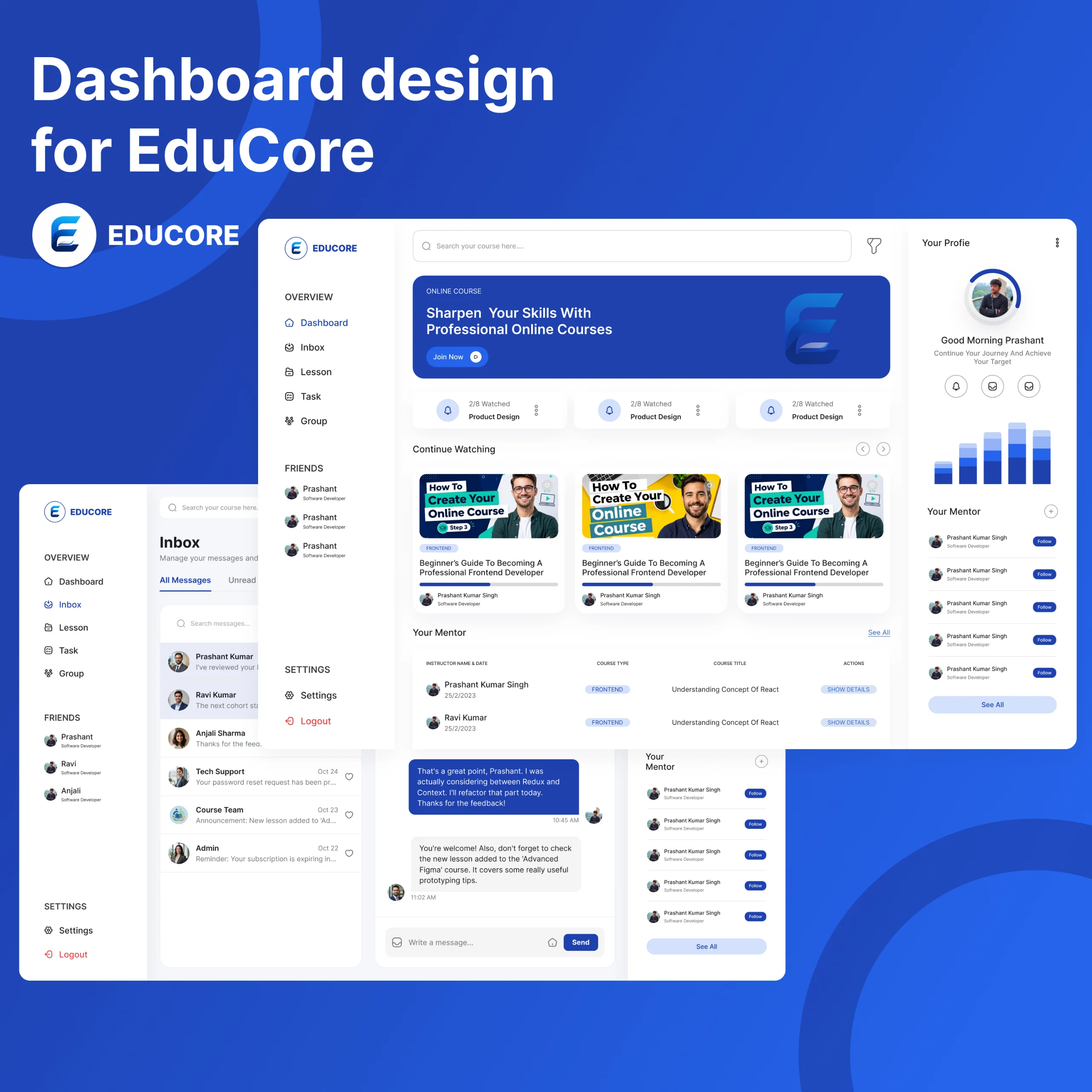 EduCore LMS dashboard UI design case study cover with course and inbox screens