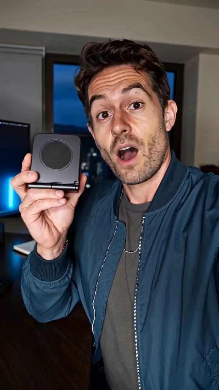 Presenter holding a compact black tech product in a UGC-style social video ad